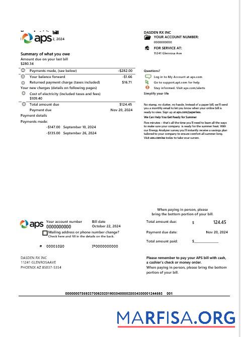 Realistic USA Arizona APS electricity proof of address business utility bill template in Word and PDF formats